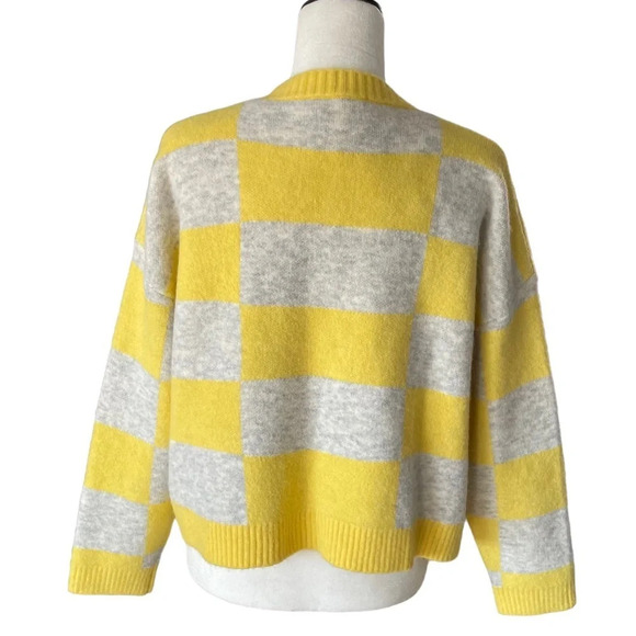 Zara Alpaca Wool Blend Boxy Button Front V Neck Cardigan Sweater Yellow Checked - Picture 11 of 12